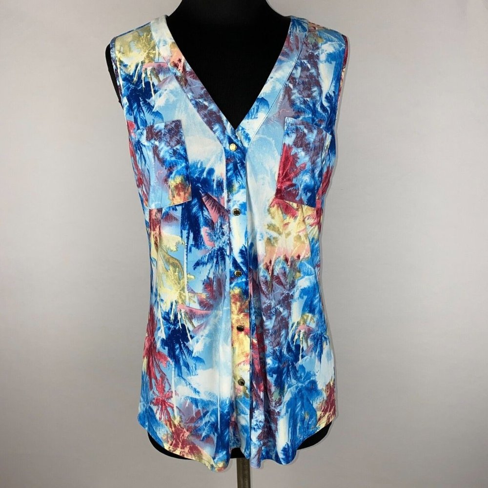 BCBGMAXAZRIA Button Down Tank Top Women's Size M Colorful Palm Trees Tropical